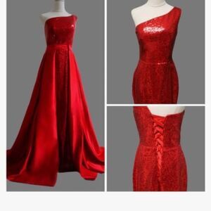 One Shoulder Sequin Prom Dress Detachable Train Long Satin Formal  Party Slit